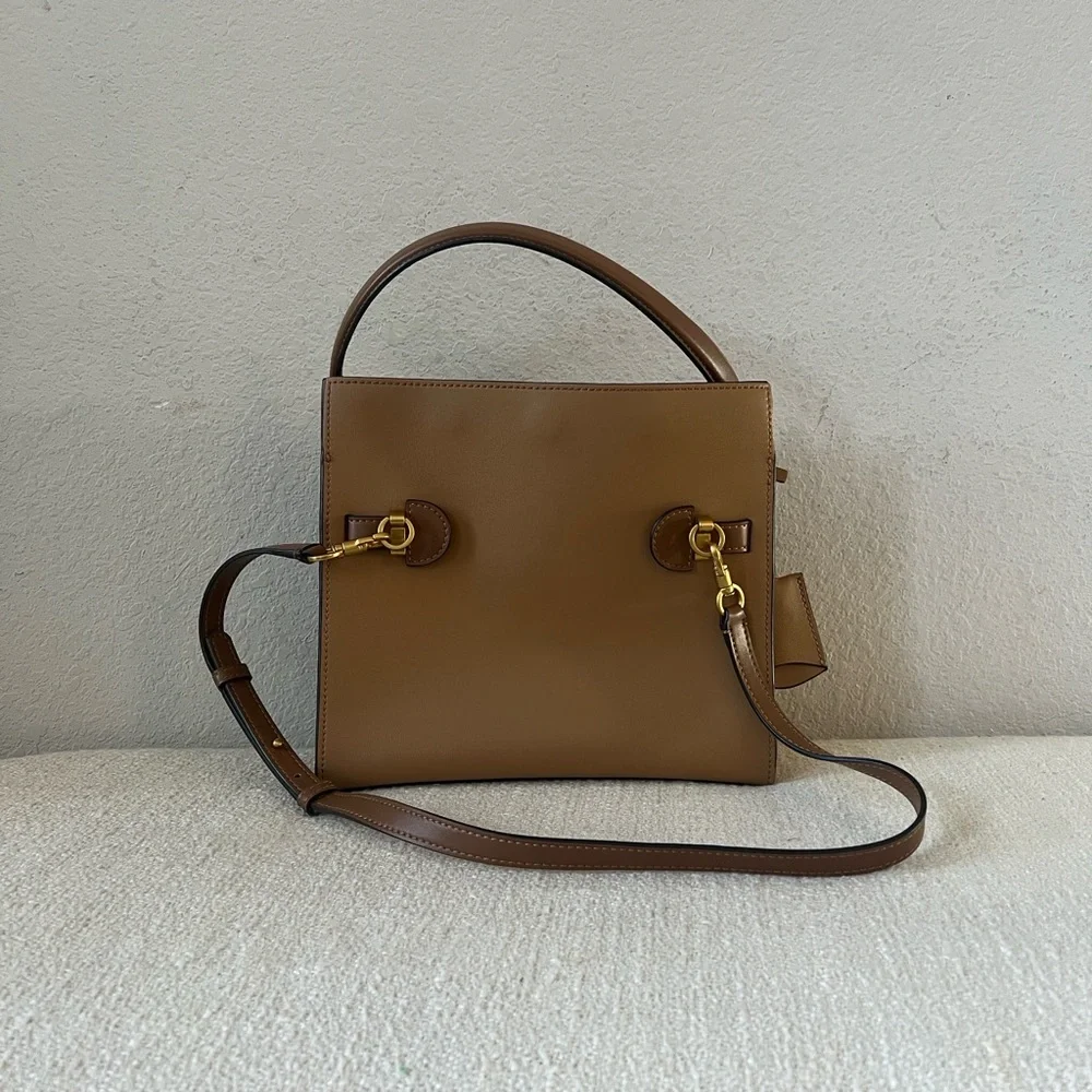 EUC Tory Burch Tan and Brown Lee Radziwill Small Double Bag Tiramisu Color - Picture 4 of 15